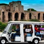Tourists on a Golf Cart visit Rome. Rome for Kids can help you enjoy the city in a different way